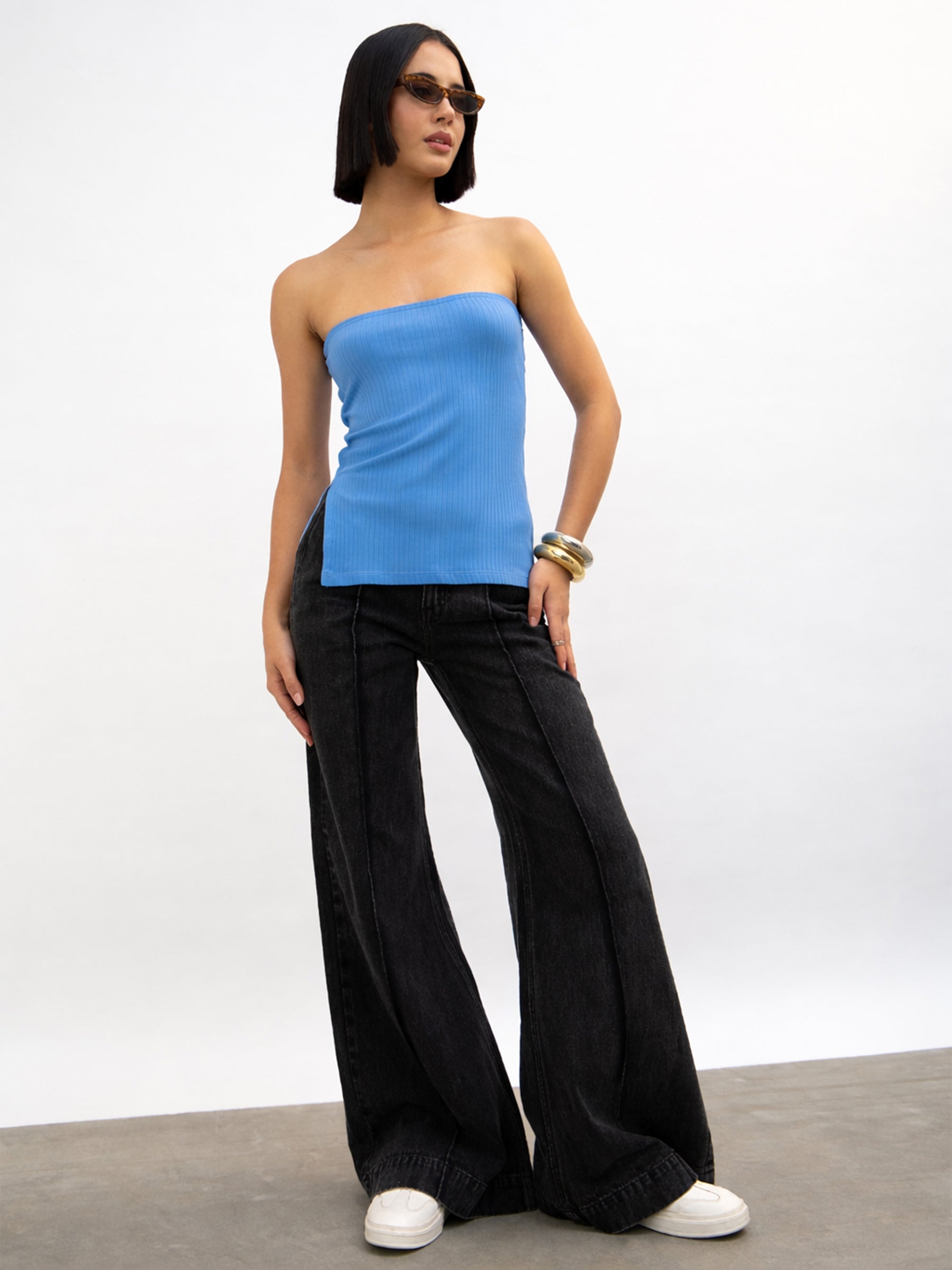 Blue Rib Side Slit Tube Top-SASSAFRAS 