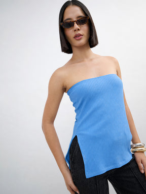Blue Rib Side Slit Tube Top-SASSAFRAS 