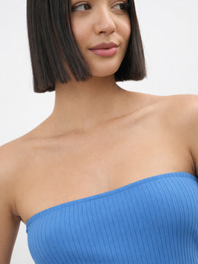 Blue Rib Side Slit Tube Top-SASSAFRAS 