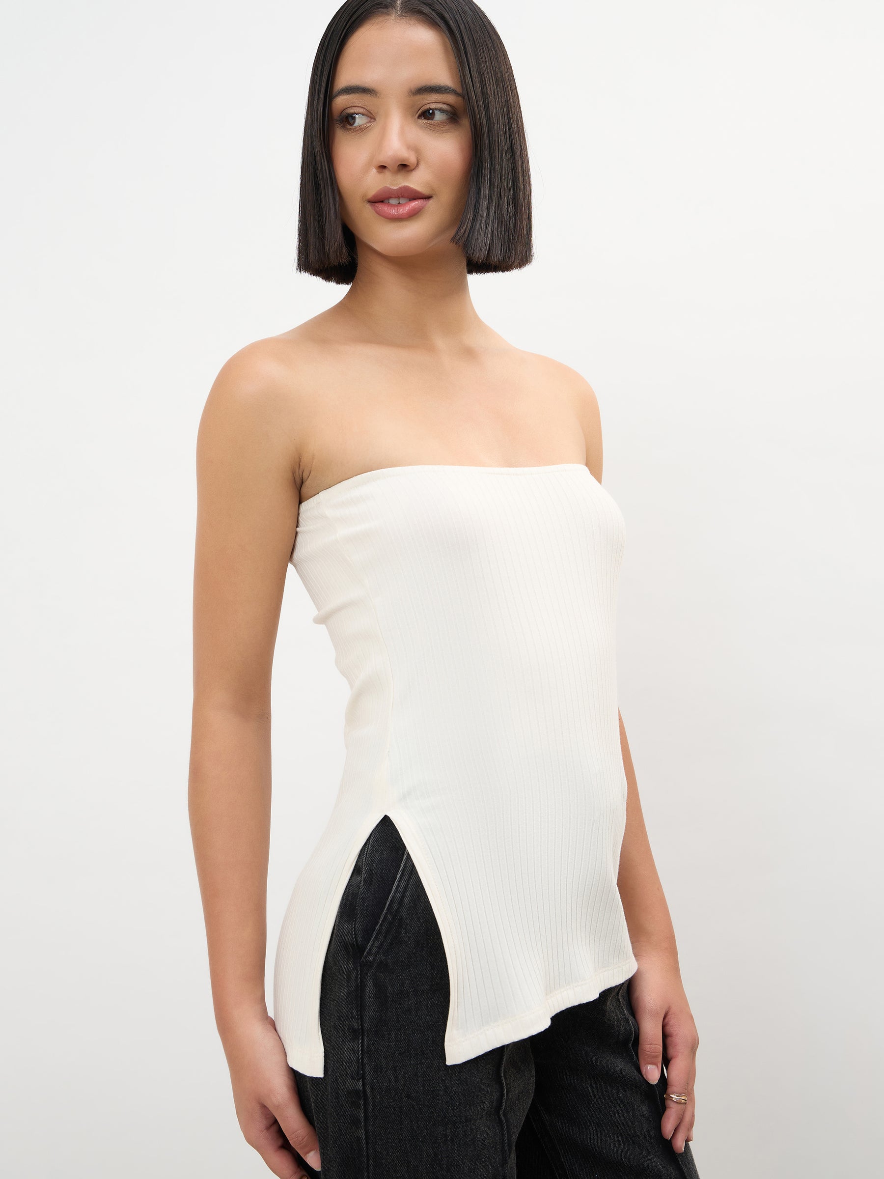 Off-White Rib Side Slit Tube Top-SASSAFRAS