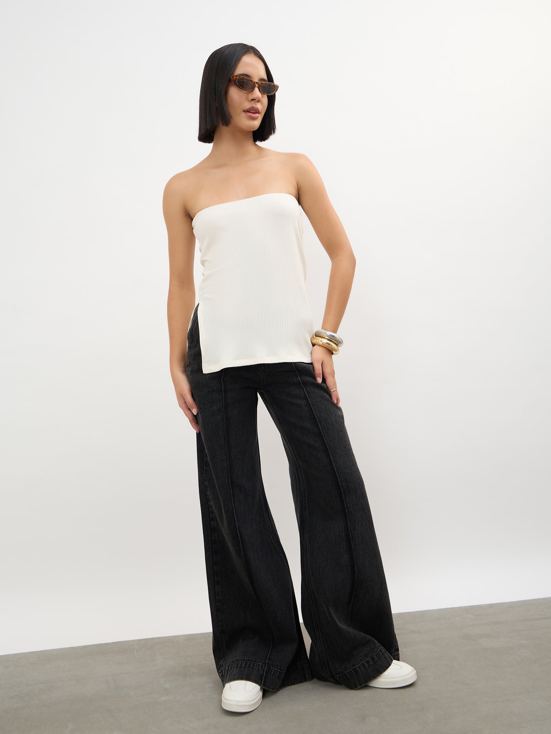 Off-White Rib Side Slit Tube Top-SASSAFRAS