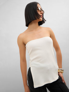 Women Off-White Rib Side Slit Tube Top