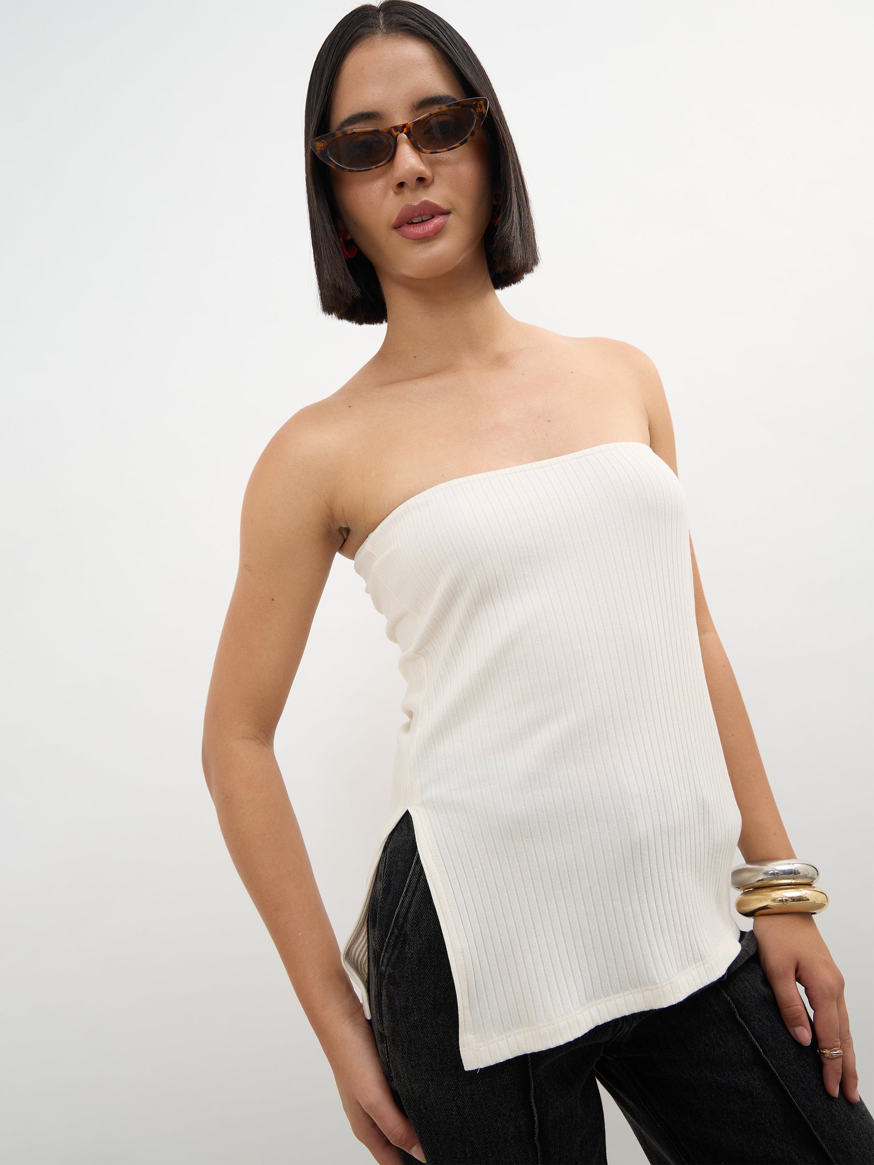 Women Off-White Rib Side Slit Tube Top