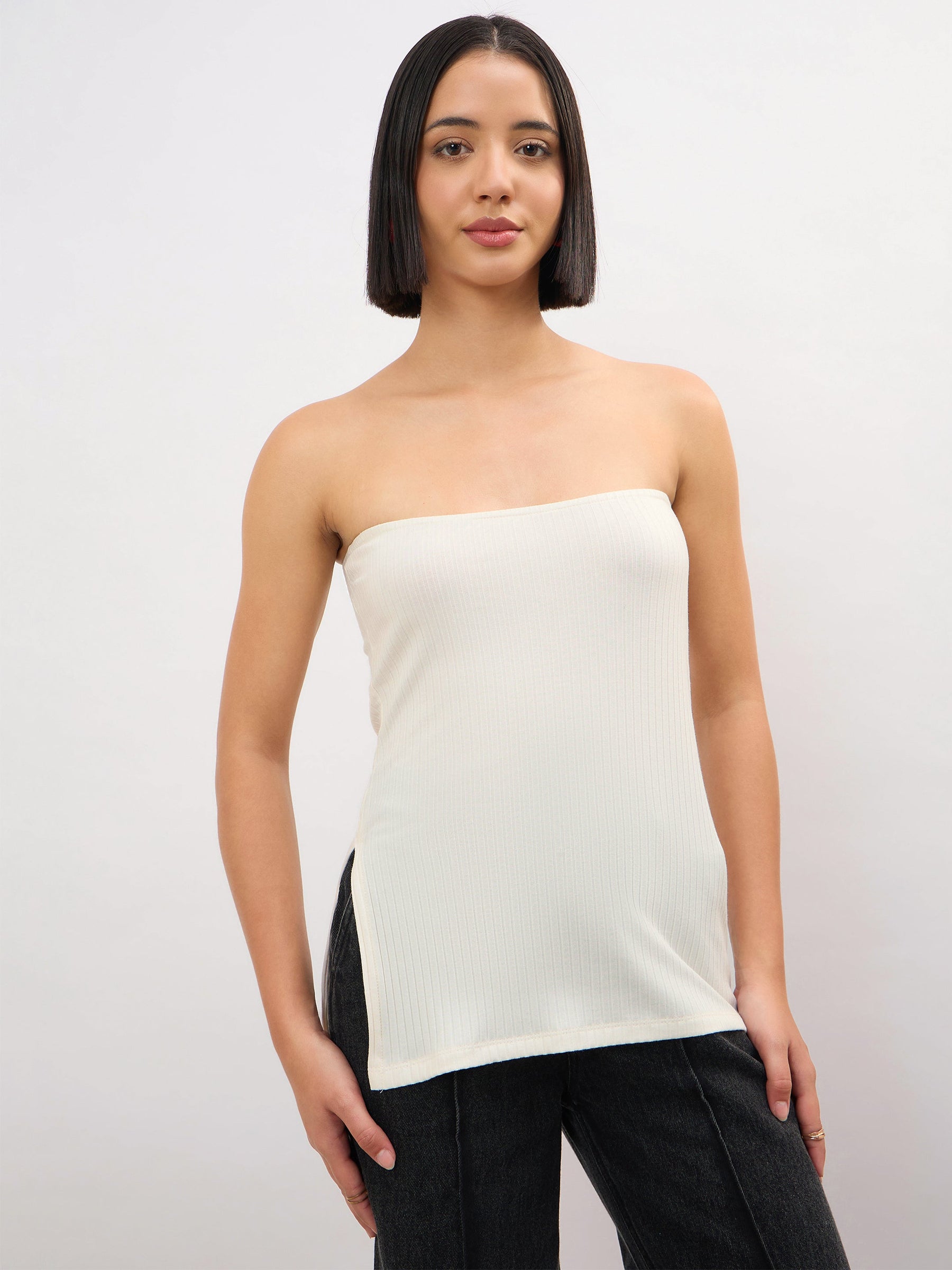 Women Off-White Rib Side Slit Tube Top