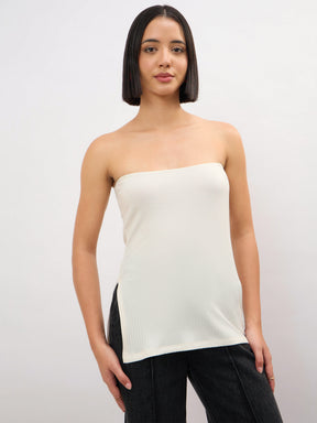 Women Off-White Rib Side Slit Tube Top