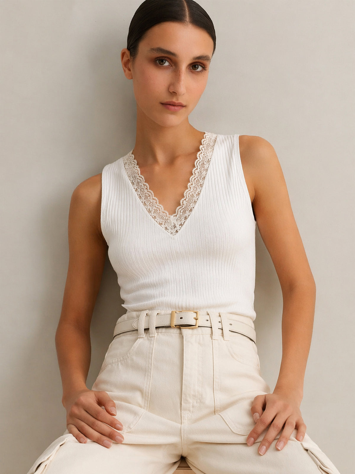 Off-White Rib Sleeveless V-Neck Top -SASSAFRAS