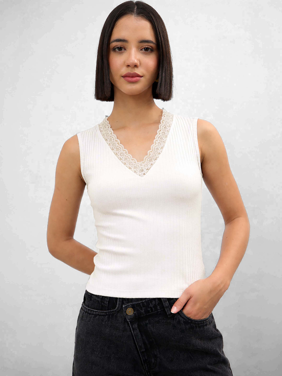 Off-White Rib Sleeveless V-Neck Top -SASSAFRAS