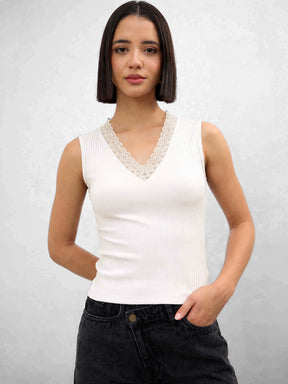 Off-White Rib Sleeveless V-Neck Top -SASSAFRAS