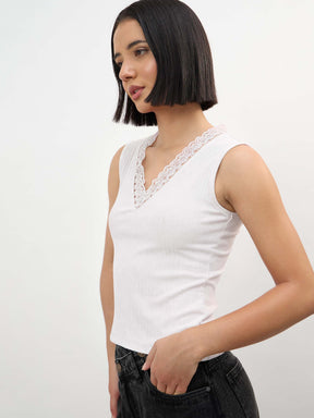 Off-White Rib Sleeveless V-Neck Top -SASSAFRAS