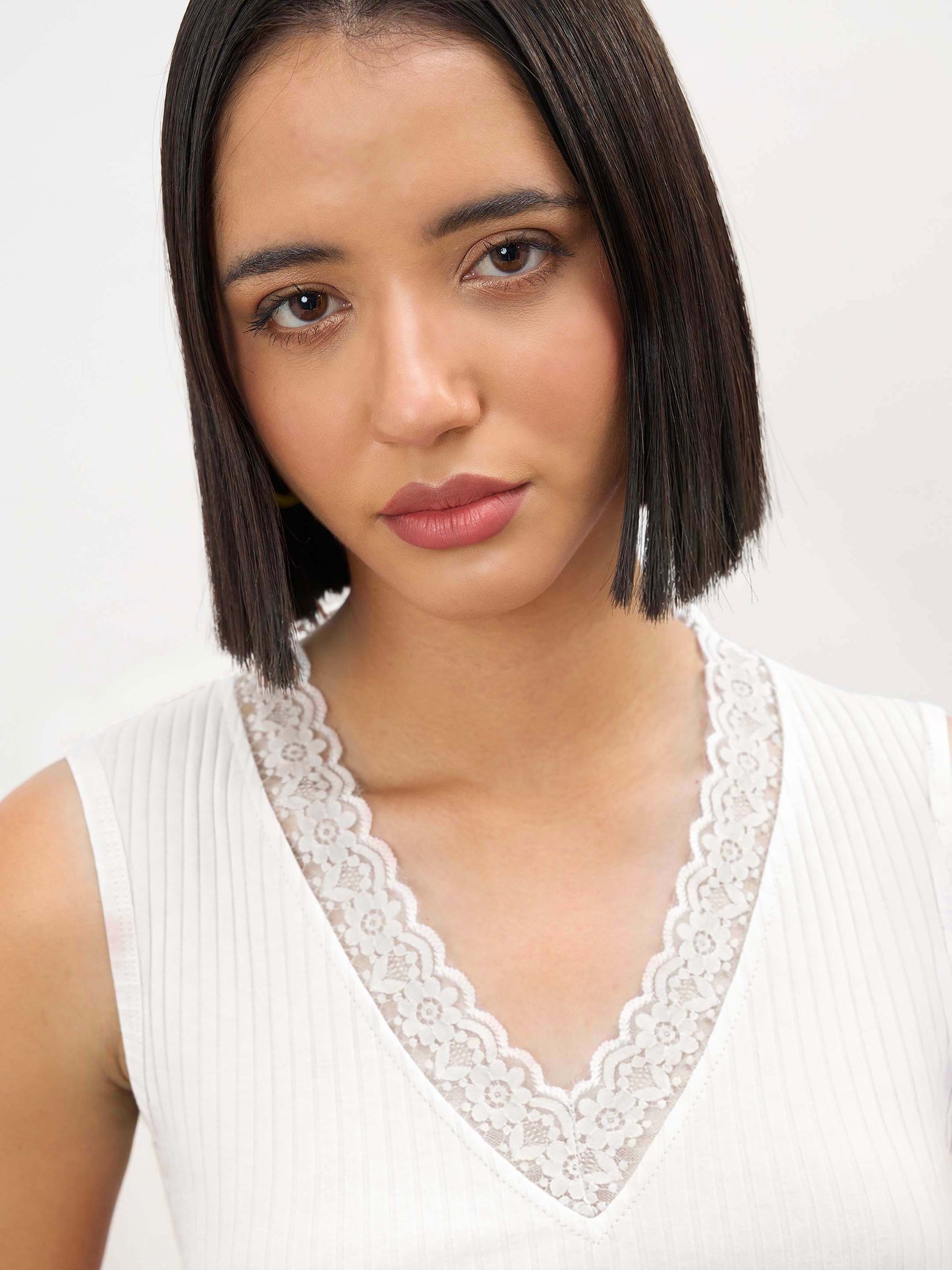 Off-White Rib Sleeveless V-Neck Top -SASSAFRAS