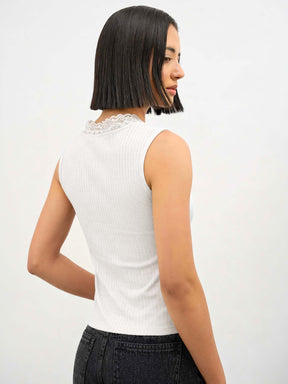 Off-White Rib Sleeveless V-Neck Top -SASSAFRAS