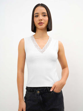Women Off-White Rib Sleeveless V-Neck Top