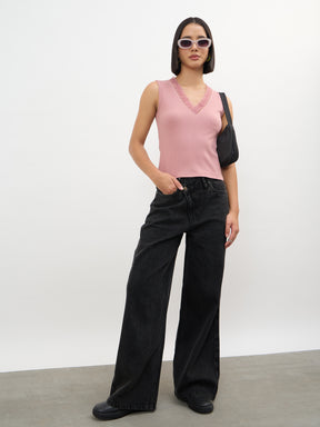 Pink Rib Sleeveless V-Neck Top -SASSAFRAS