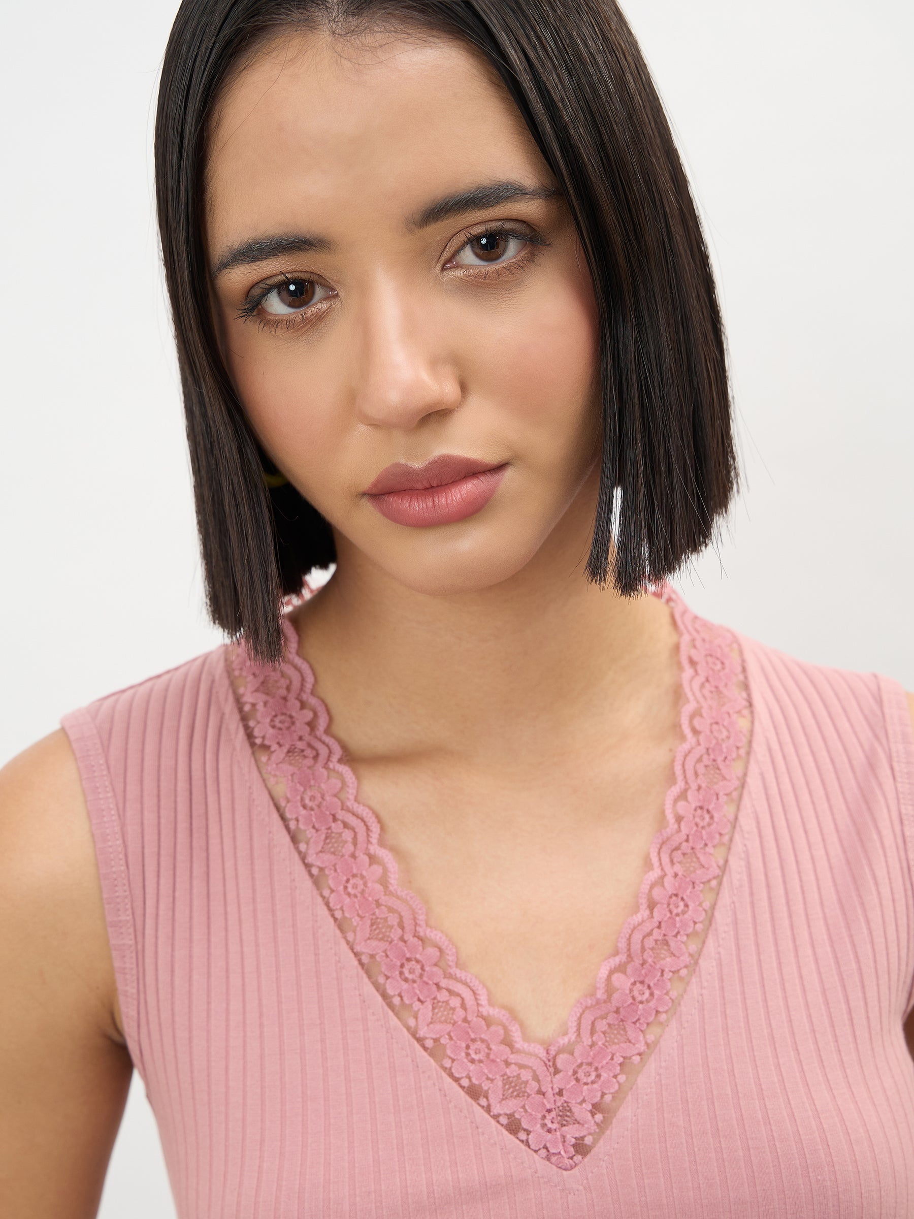 Pink Rib Sleeveless V-Neck Top -SASSAFRAS