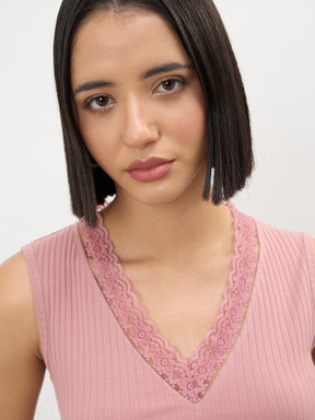 Pink Rib Sleeveless V-Neck Top -SASSAFRAS