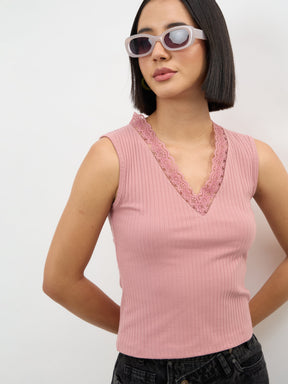 Women Pink Rib Sleeveless V-Neck Top