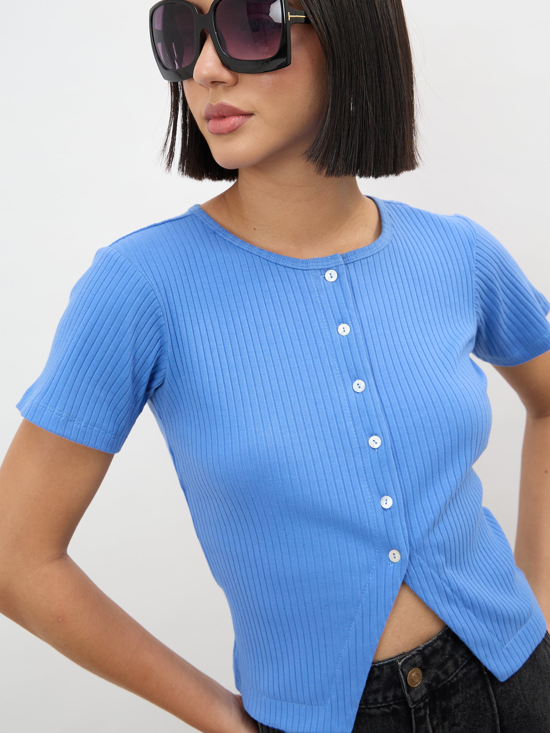 Blue Round Neck Button Down Top-SASSAFRAS