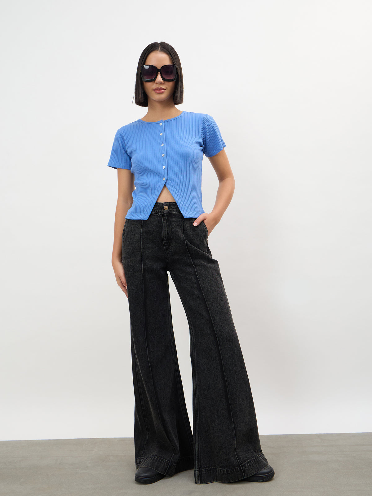 Blue Round Neck Button Down Top-SASSAFRAS