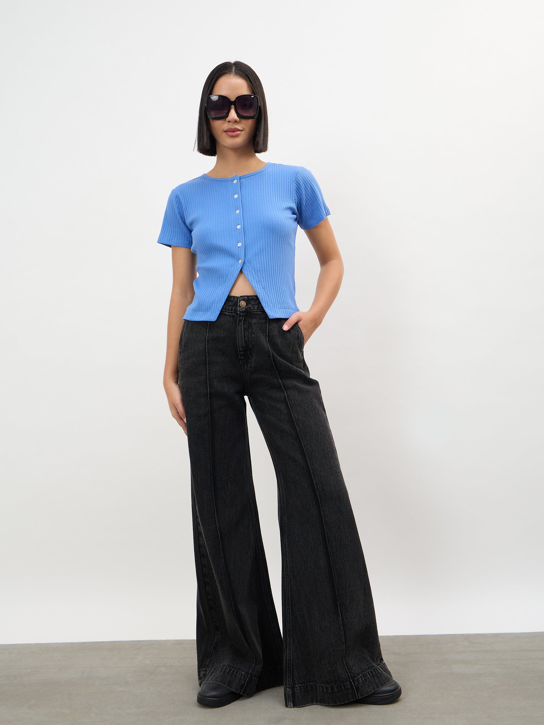 Blue Round Neck Button Down Top-SASSAFRAS