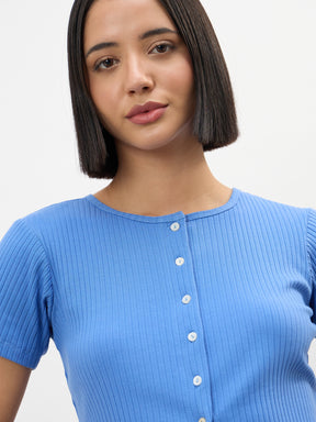 Blue Round Neck Button Down Top-SASSAFRAS