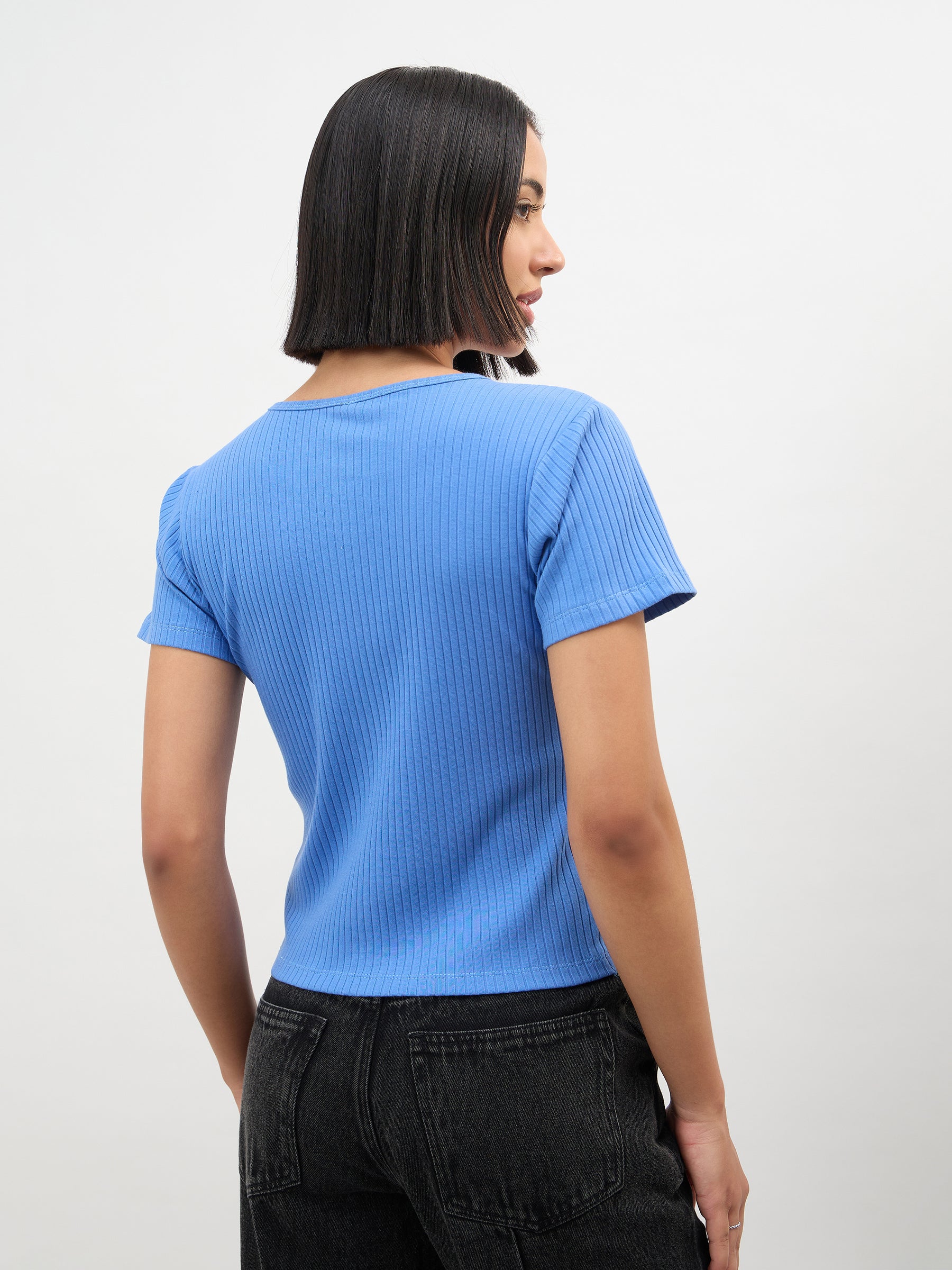 Blue Round Neck Button Down Top-SASSAFRAS