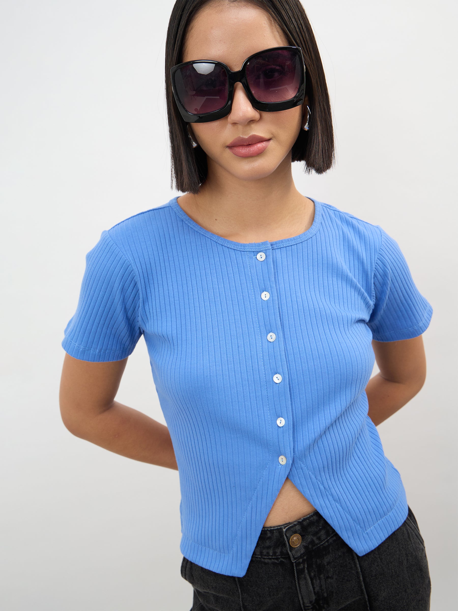 Blue Round Neck Button Down Top-SASSAFRAS