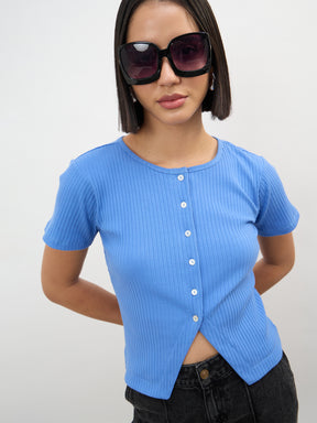 Blue Round Neck Button Down Top-SASSAFRAS
