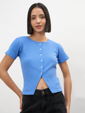 Women Blue Round Neck Button Down Top