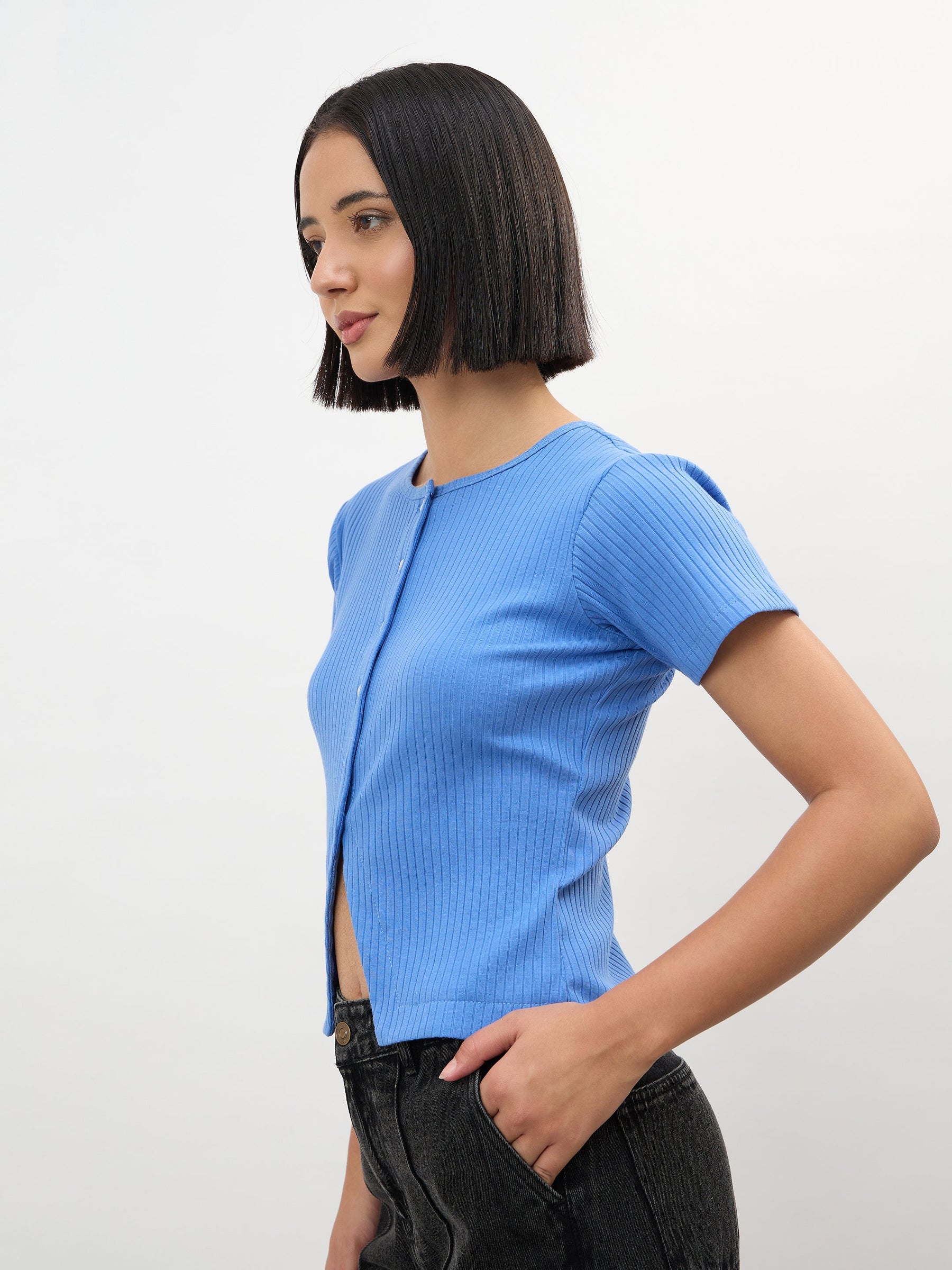 Women Blue Round Neck Button Down Top