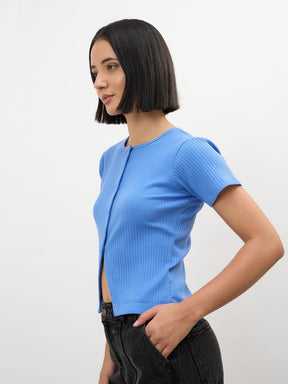 Women Blue Round Neck Button Down Top