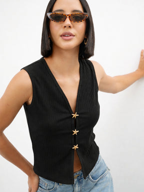 Black V-Neck Sleeveless Regular Top-SASSAFRAS