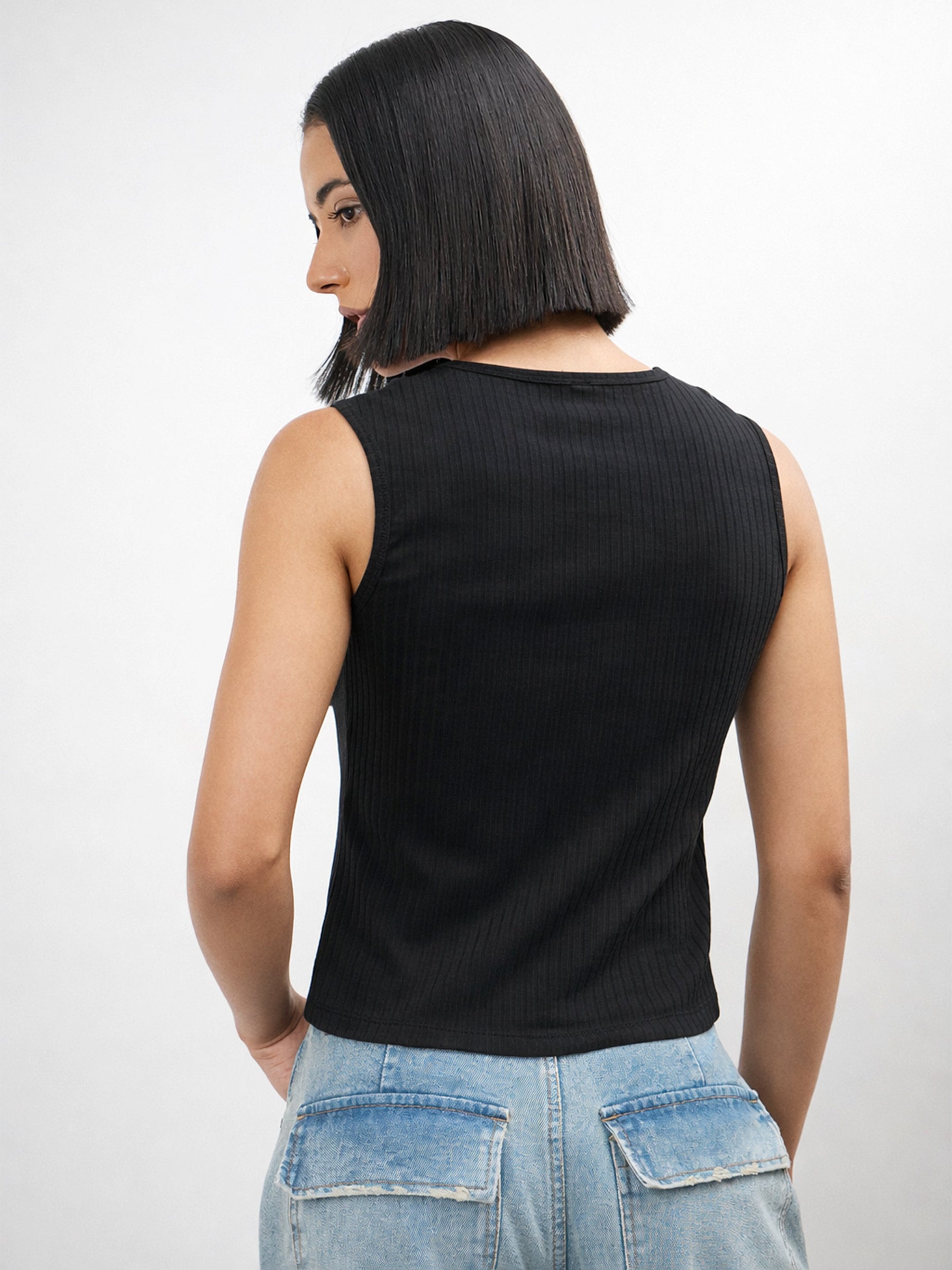 Women Black V-Neck Sleeveless Regular Top