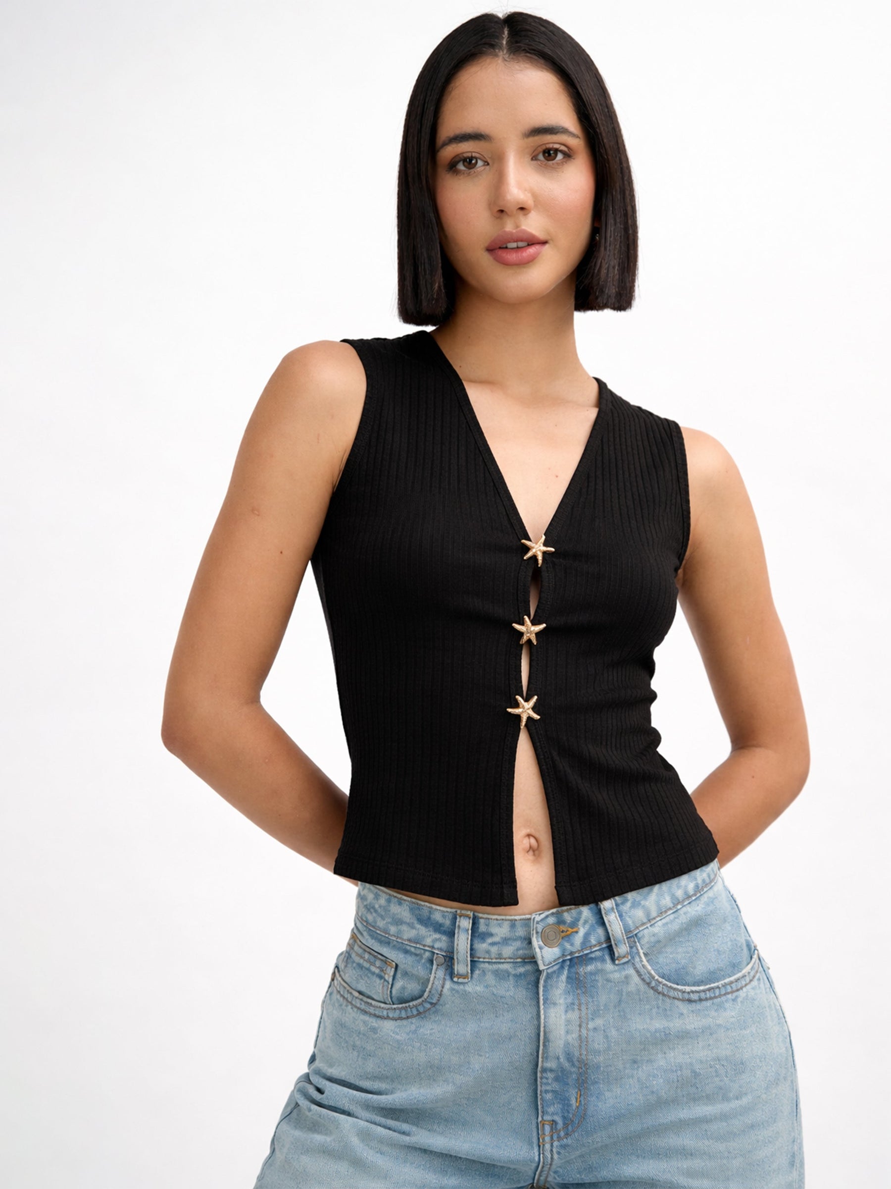 Women Black V-Neck Sleeveless Regular Top