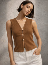 Brown V-Neck Sleeveless Regular Top-SASSAFRAS