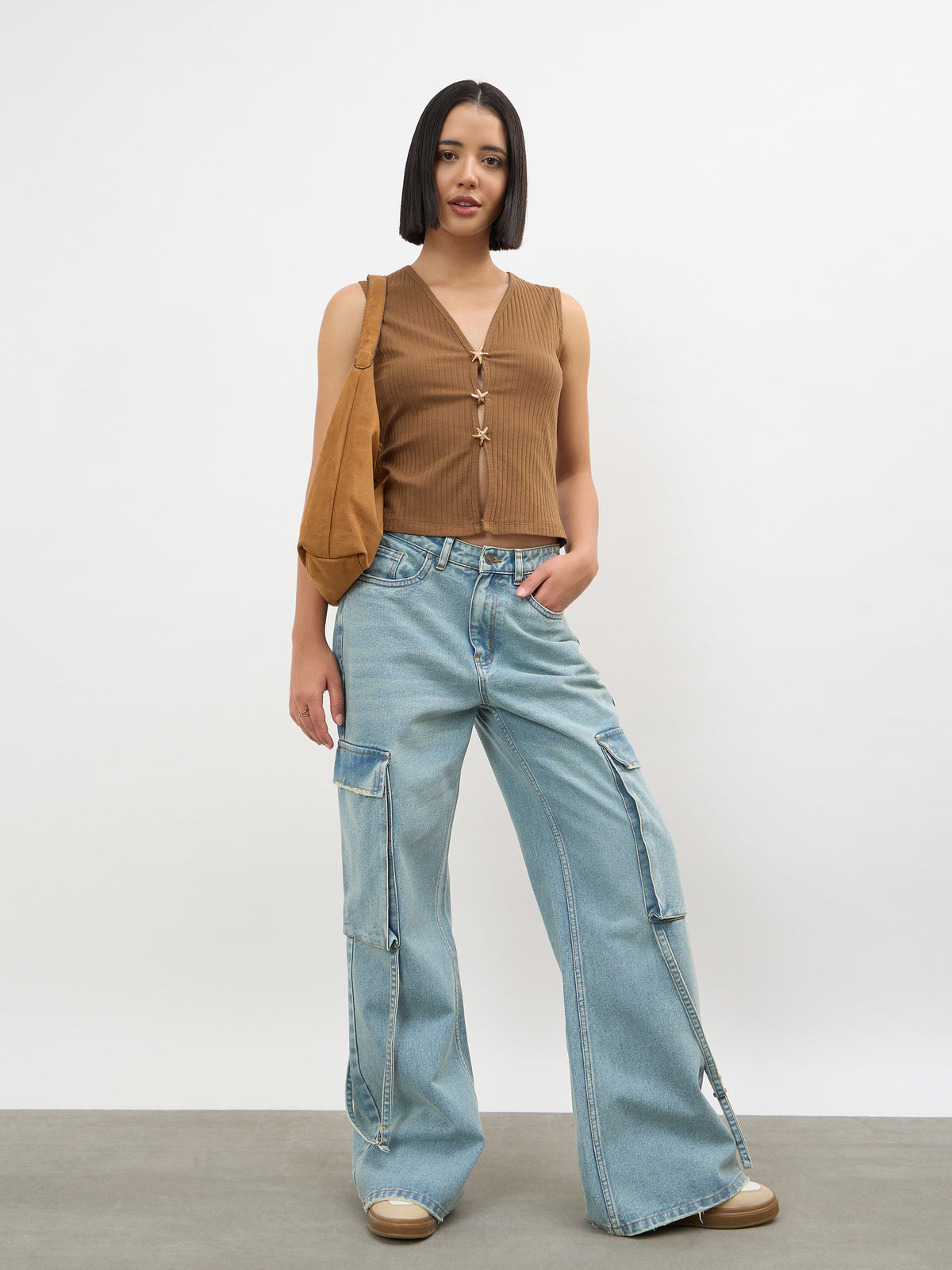 Brown V-Neck Sleeveless Regular Top-SASSAFRAS