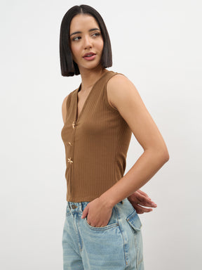 Brown V-Neck Sleeveless Regular Top-SASSAFRAS