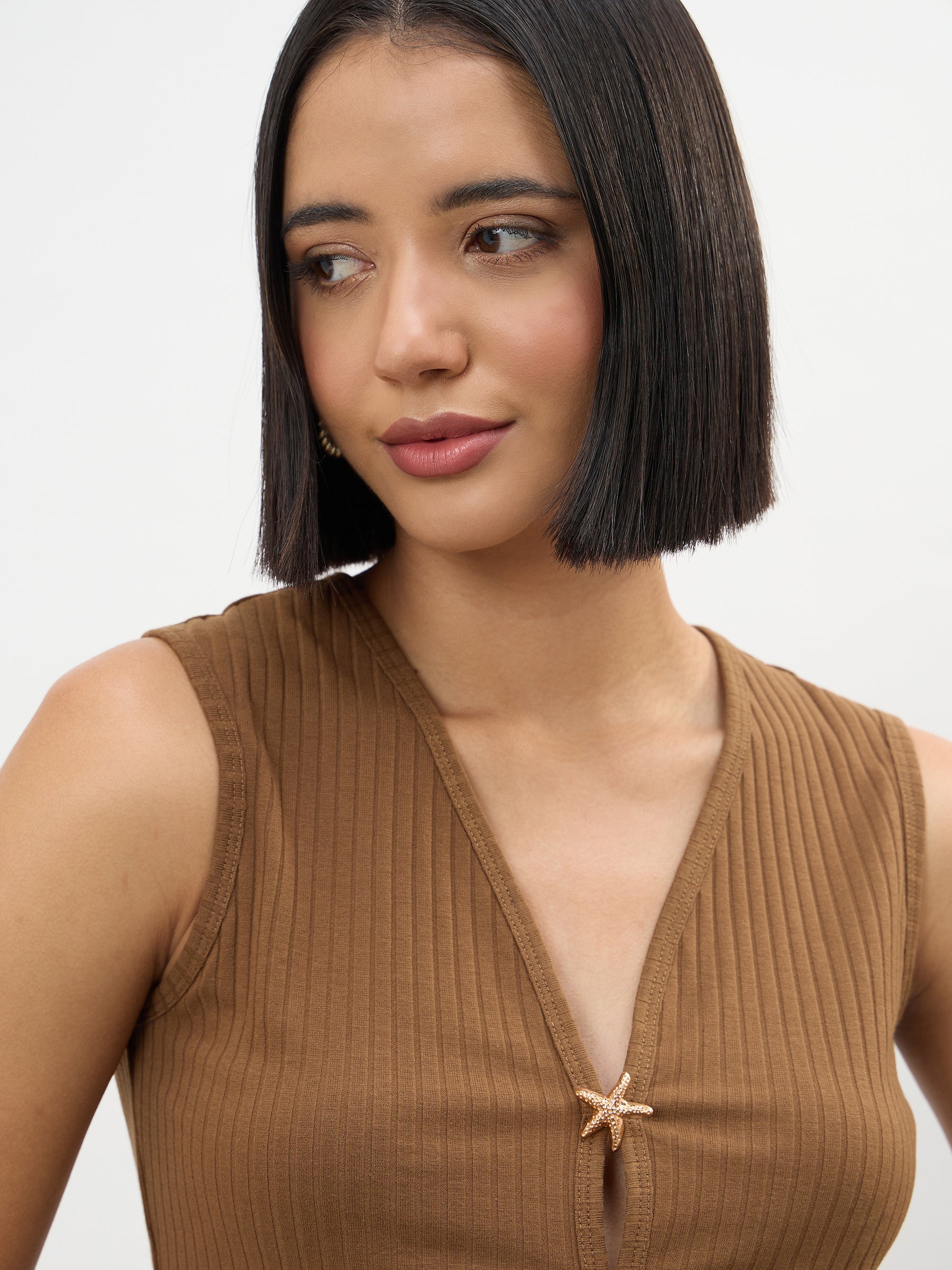 Brown V-Neck Sleeveless Regular Top-SASSAFRAS