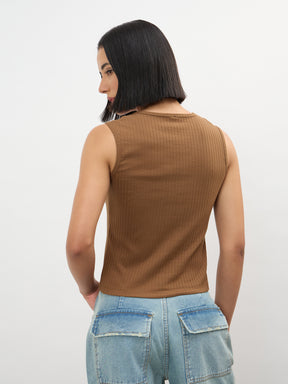 Brown V-Neck Sleeveless Regular Top-SASSAFRAS