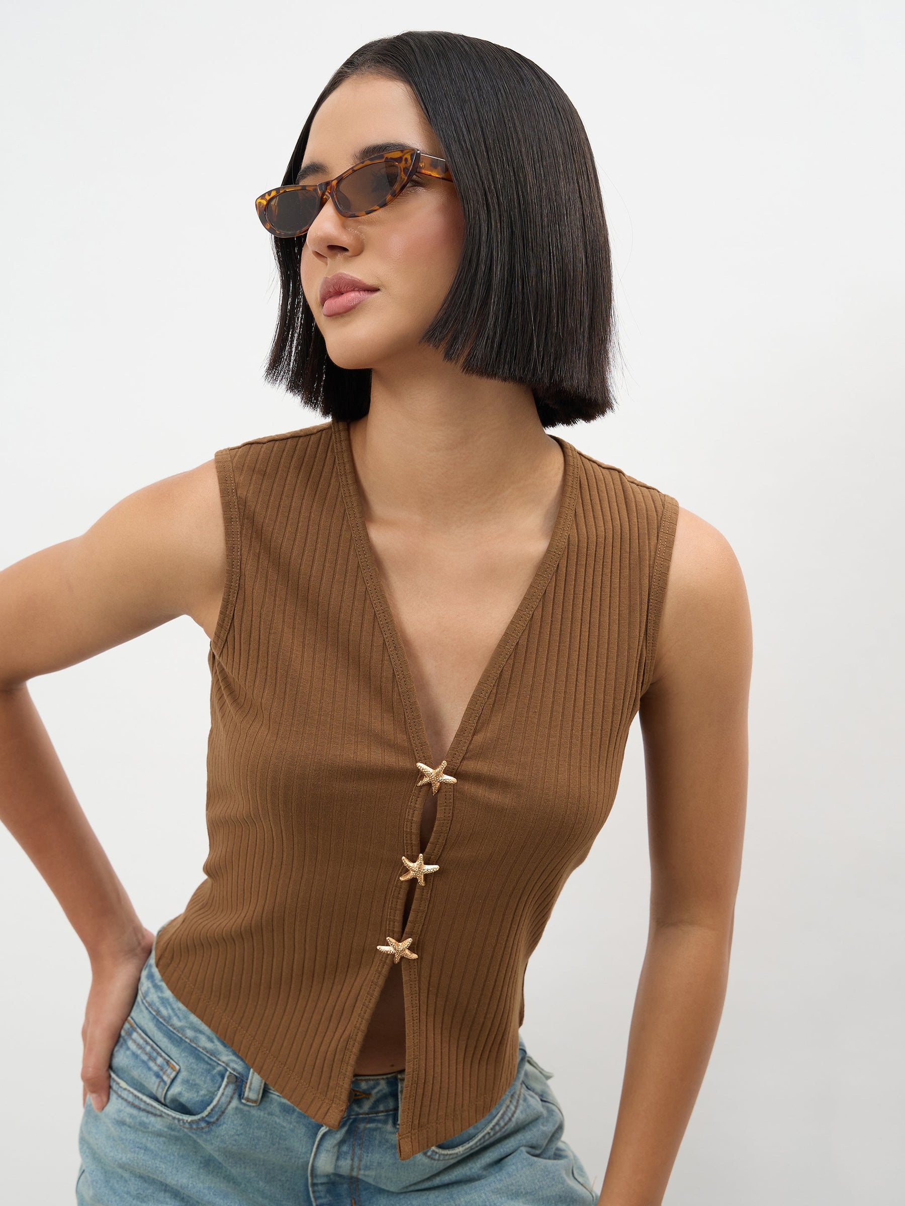 Women Brown V-Neck Sleeveless Regular Top