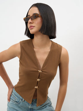 Women Brown V-Neck Sleeveless Regular Top