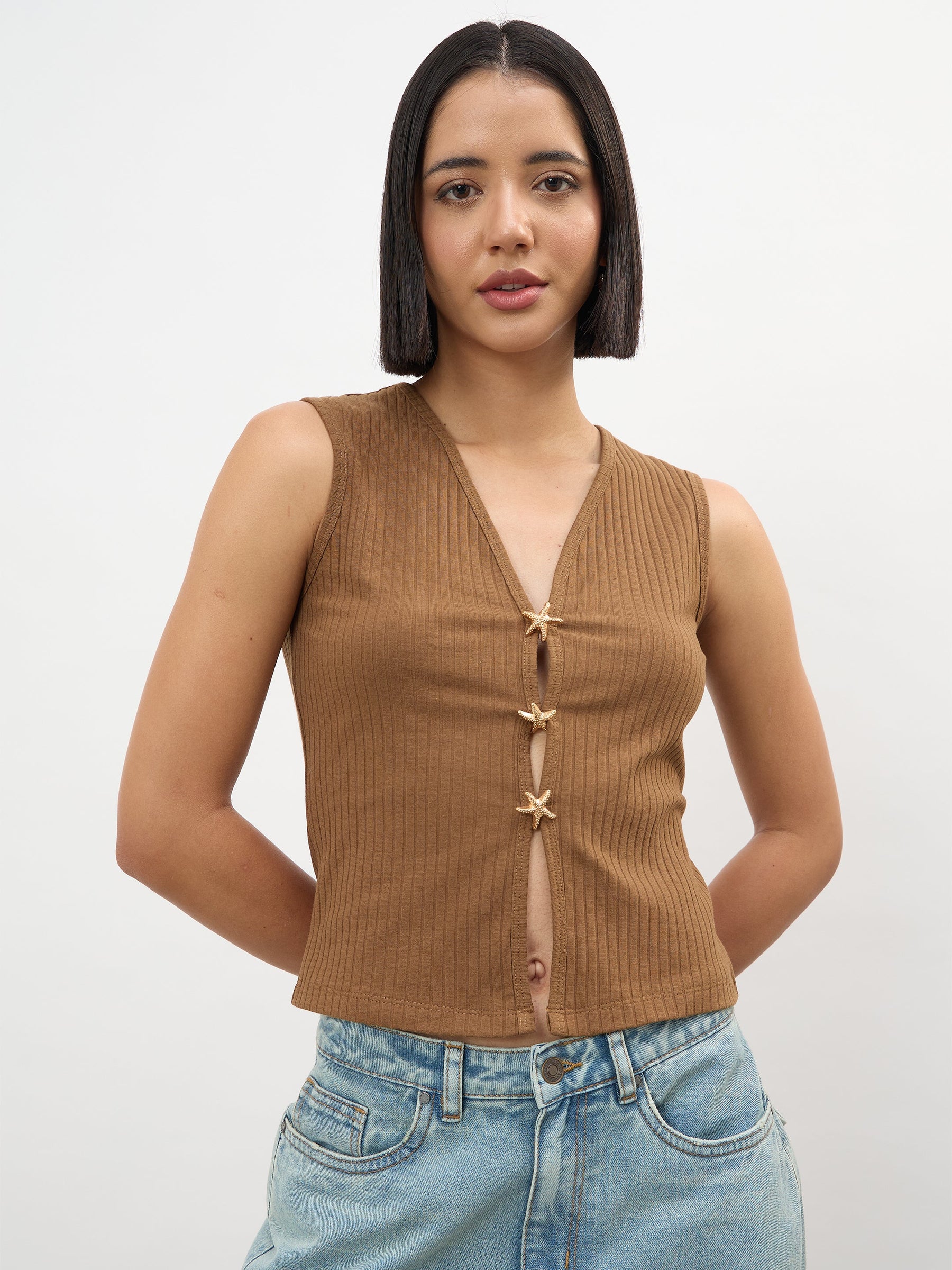 Women Brown V-Neck Sleeveless Regular Top