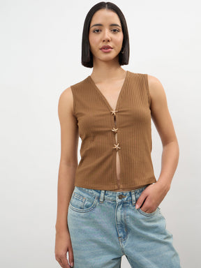 Women Brown V-Neck Sleeveless Regular Top