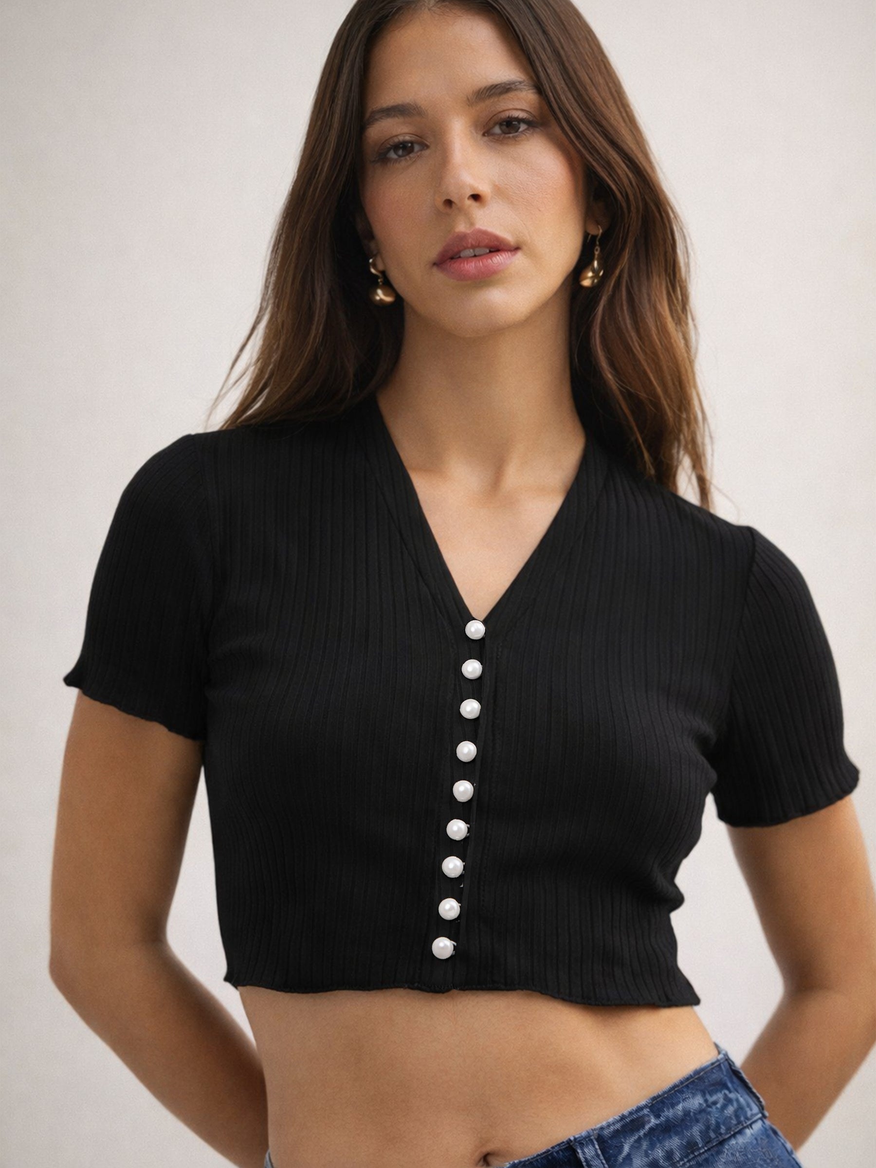 Black V-Neck Button Down Crop Top -SASSAFRAS