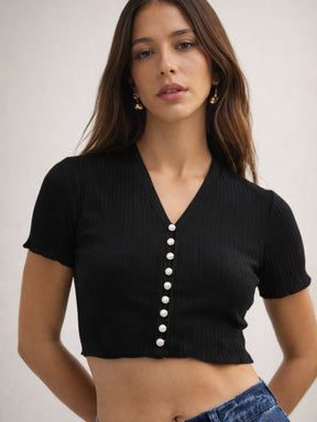 Black V-Neck Button Down Crop Top -SASSAFRAS