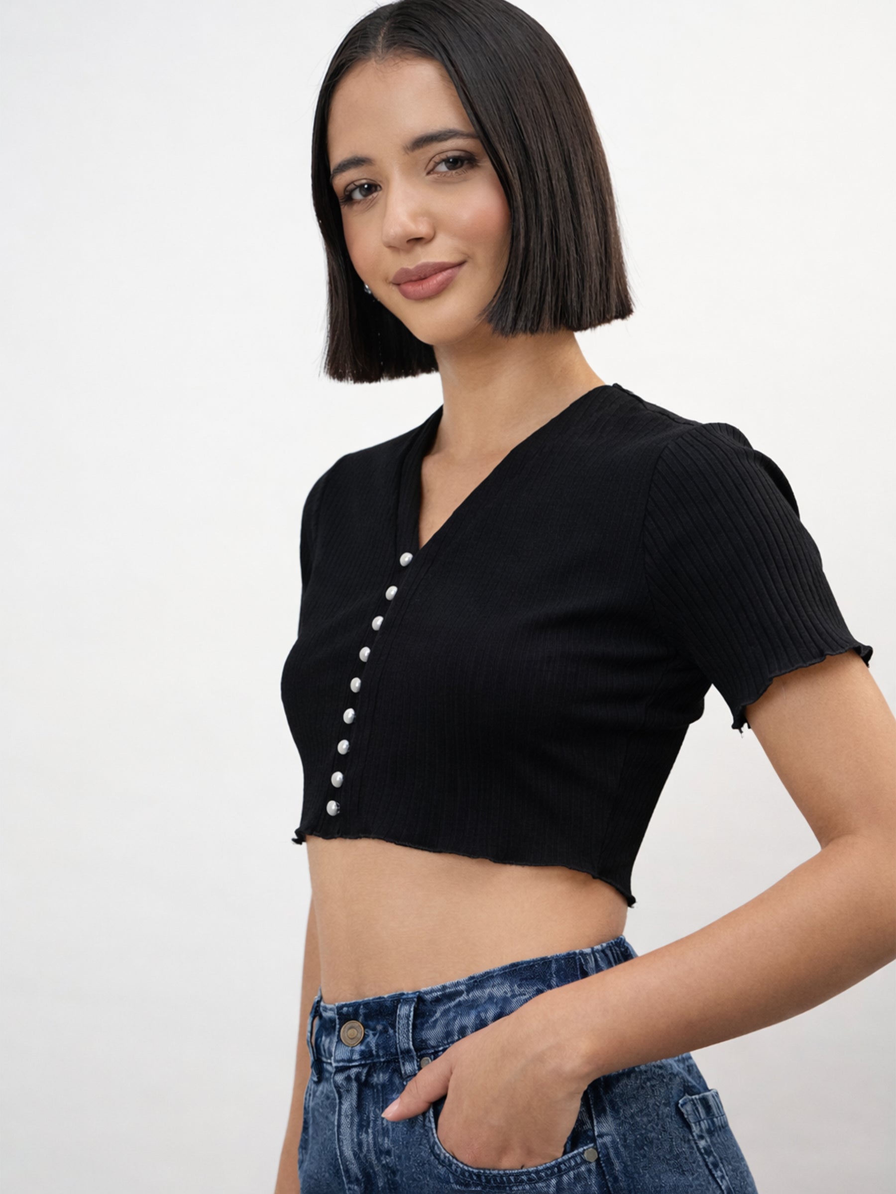 Black V-Neck Button Down Crop Top -SASSAFRAS