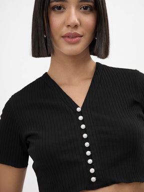 Black V-Neck Button Down Crop Top -SASSAFRAS