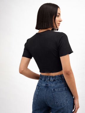 Black V-Neck Button Down Crop Top -SASSAFRAS