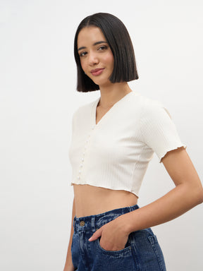 Off-White V-Neck Button Down Crop Top -SASSAFRAS