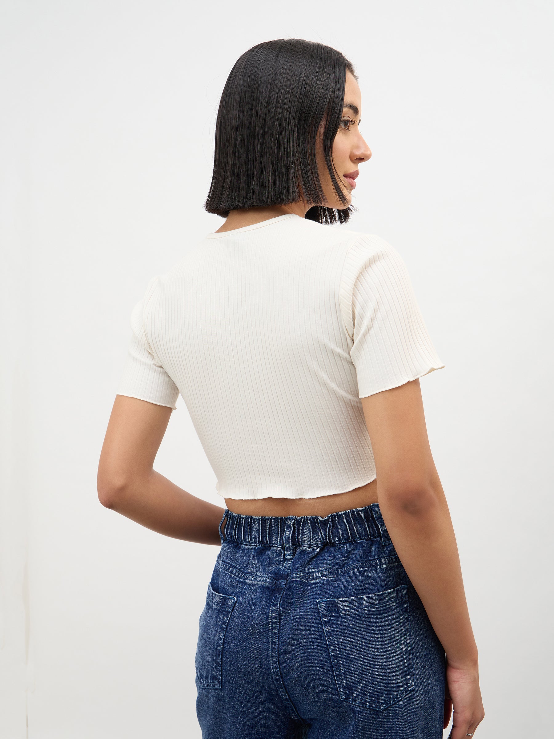 Off-White V-Neck Button Down Crop Top -SASSAFRAS