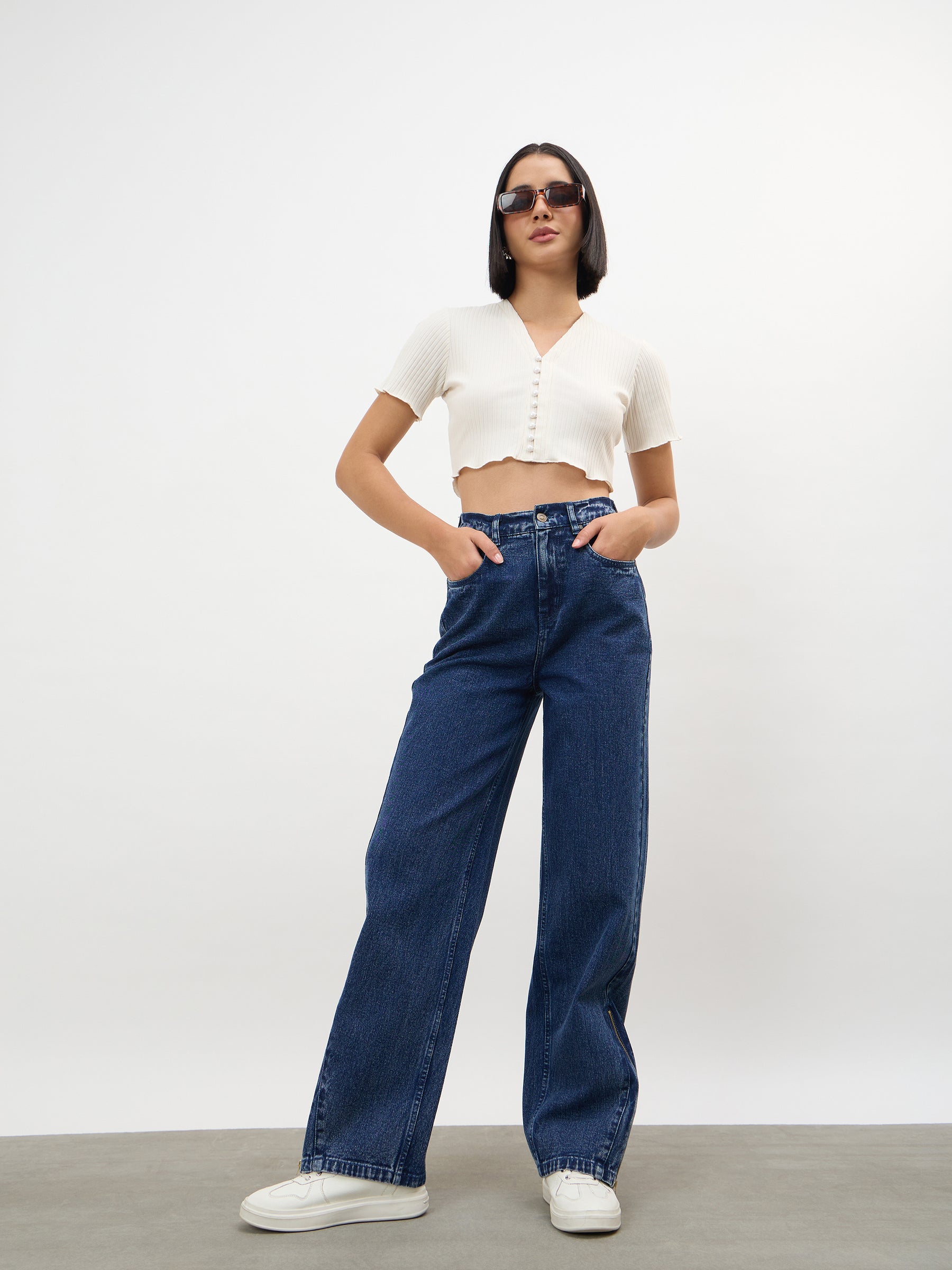 Off-White V-Neck Button Down Crop Top -SASSAFRAS